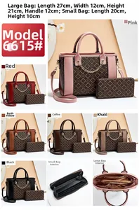 Detailed view of printed handbag set with dimensions and interior storage structure