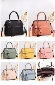 Detailed views of PU leather handbag showing bow design, size specs, and internal storage