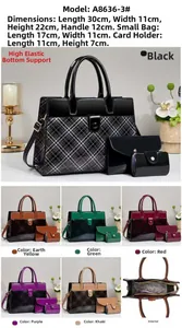 Three-piece women's handbag set with glossy checkered texture and metallic hardware detail
