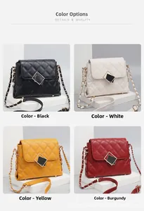 Quilted chain cross-body bags in black, white, yellow, and wine red with metal locks