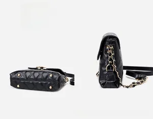 Detail view of the quilted leather bag bottom showing gold feet and chain strap