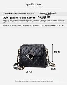Detail showing the 24x18x8cm dimensions and internal structure of the black quilted chain bag