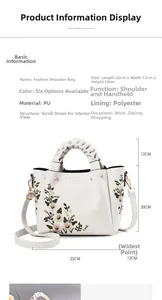 Detailed view of cream PU crossbody bag with floral embroidery and 22x12x20cm dimensions