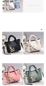 Detailed comparison of embroidered tote bags with tablet and four color variations
