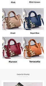 Close-up of embroidered floral patterns on litchi texture crossbody bags in various colors