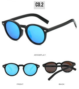 Drei Ansichten einer runden polarisierten Retro-Sonnenbrille mit blauen Spiegelgläsern