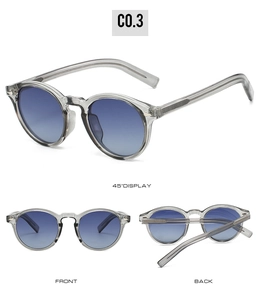 Drei-Winkel-Ansicht der polarisierten runden Sonnenbrille mit grauem Rahmen und blauem Glas