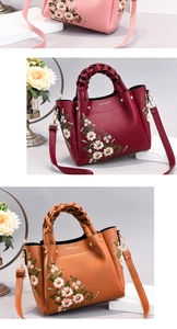 Detailed embroidery and woven handles on colorful textured leather crossbody bags