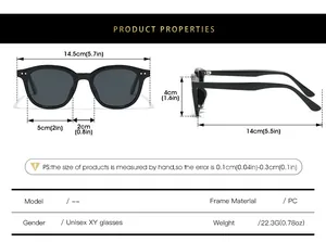 Detailed size chart for unisex sunglasses showing frame width, lens height, and arm length