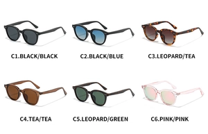 Detailed catalog of retro round sunglasses in six various frame colors and tinted lenses