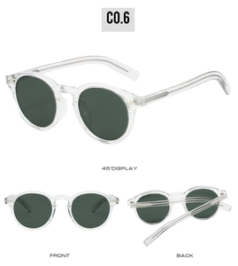 Mehrere Ansichten der Vintage runden polarisierten Sonnenbrille mit transparentem Rahmen