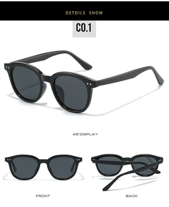 Detailed views of black full-frame polarized sunglasses with metal rivet accents