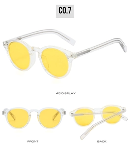 Detailansichten der runden Polarisations-Sonnenbrille mit transparentem Rahmen und gelben Gläsern