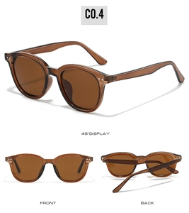 Multiple views of retro brown polarized sunglasses with silver rivets on white background