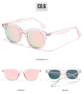 Three perspectives of trendy oversized pink sunglasses with polarising silver coating