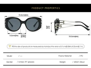 Detailed size chart for oversized oval sunglasses with PC frame measurements