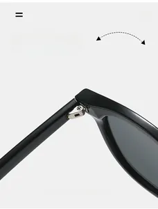 Detail of durable silver metal texture hinge on minimalist black sunglasses frame