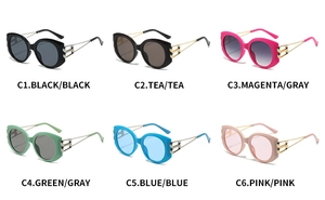 Grid view showing six colorful oversized oval sunglasses with metal temples in a 2x3 layout