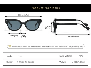 Detailed size chart of cat eye sunglasses showing PC frame dimensions and 30g weight