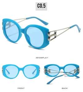 Detailed views of blue oval oversized sunglasses with metal B logo temples and blue lenses