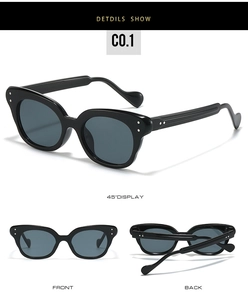 Three-way view of cat eye sunglasses showing 45-degree, front, and back frame details