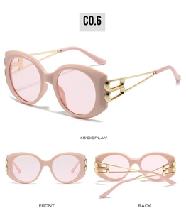 Three-angle views of pink oval sunglasses with gold B-shaped metal temple detail