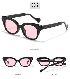 Three-way view of cat eye sunglasses in glossy black frame with light pink lenses