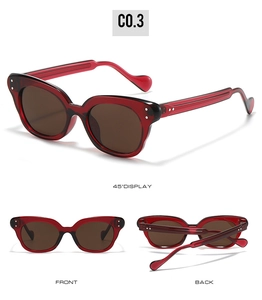 Three-way view of red cat-eye sunglasses with heart-shaped temple tips and silver rivets