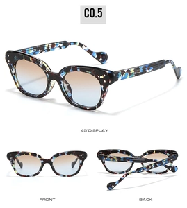 Cat eye sunglasses featuring colorful tortoiseshell frames and gradient lenses from three angles