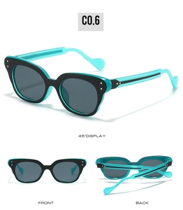 Three-way view of cat eye sunglasses featuring teal interior and heart-shaped temple tips