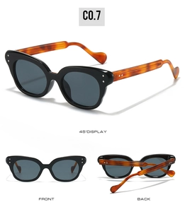 Three-view display of black cat eye sunglasses with tortoiseshell temples and grey lenses