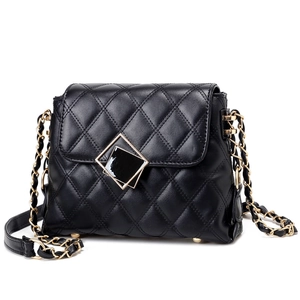 Quilted black leather shoulder bag with gold chain strap and diamond-shaped lock