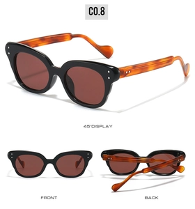 Three views of cat-eye sunglasses with black frames, tortoiseshell temples and silver studs