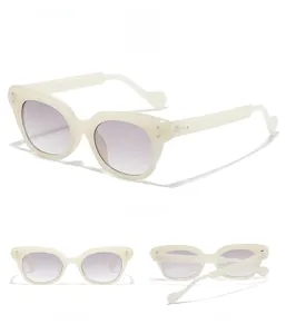 Three-view layout of cream cat-eye sunglasses with purple gradient lenses and wavy temples