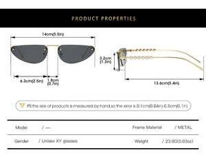 Detailed size specifications for cat eye sunglasses with metal frame and pearl accents
