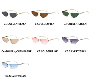 Grid view showcasing seven color options for cat-eye sunglasses with metal beaded temples
