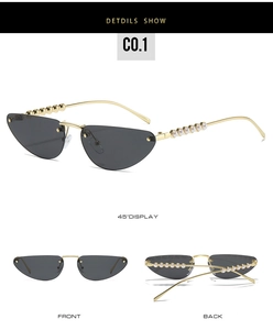 Three-way view of cat-eye sunglasses featuring white pearls and gold beads on metal frames