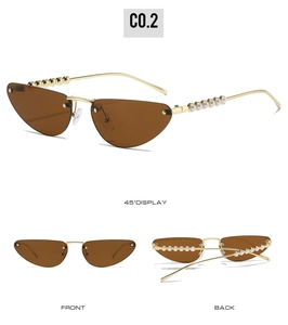 Detailed multi-angle view of gold metal cat-eye sunglasses with pearl temple accents