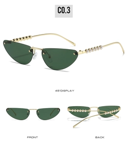 Detailed multi-angle view of cat-eye sunglasses with green lenses and pearl metal temples