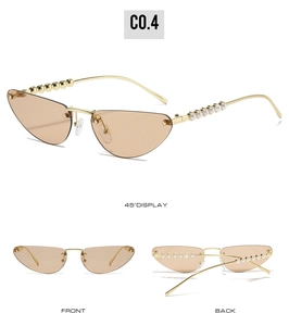 Three views of rimless cat-eye sunglasses with gold metal temples and pearl accents