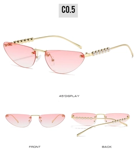 Three-angle view of rimless cat-eye sunglasses with pink gradient lenses and pearl temples