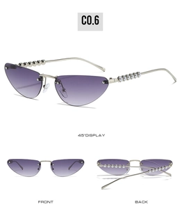 Detailed views of rimless cat-eye sunglasses with purple gradient lenses and pearl temples