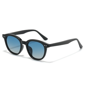 Classic black square sunglasses with blue gradient lenses and silver dot details