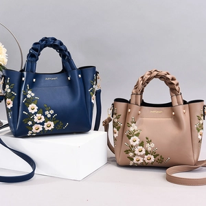 Elegant large capacity floral embroidery shoulder bag in dark blue and khaki leather
