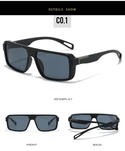 Détails de lunettes de soleil carrées noires avec branches ajourées avec une finition en métal texturé
