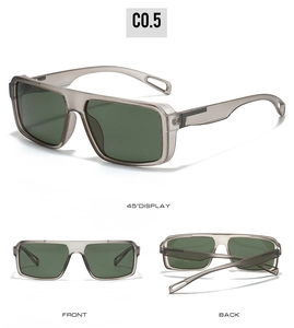 Vue en trois dimensions de lunettes de soleil carrées gris mat avec verres vert foncé