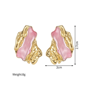 Detail view of gold geometric earrings showing 2.7cm height and pink enamel inlay