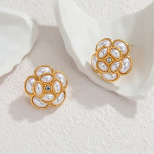 Boucles d'oreilles fleurs en perles or 18 carats de style français avec centre en cristal