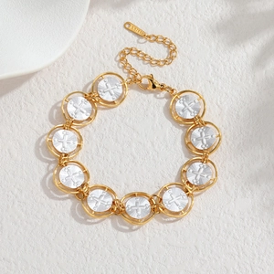 18k gold plated stainless steel flower bracelet with silver engraved medallions