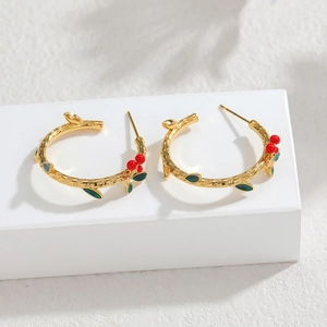 18k gold plated stainless steel C-shaped cherry earrings with green leaves and red berries